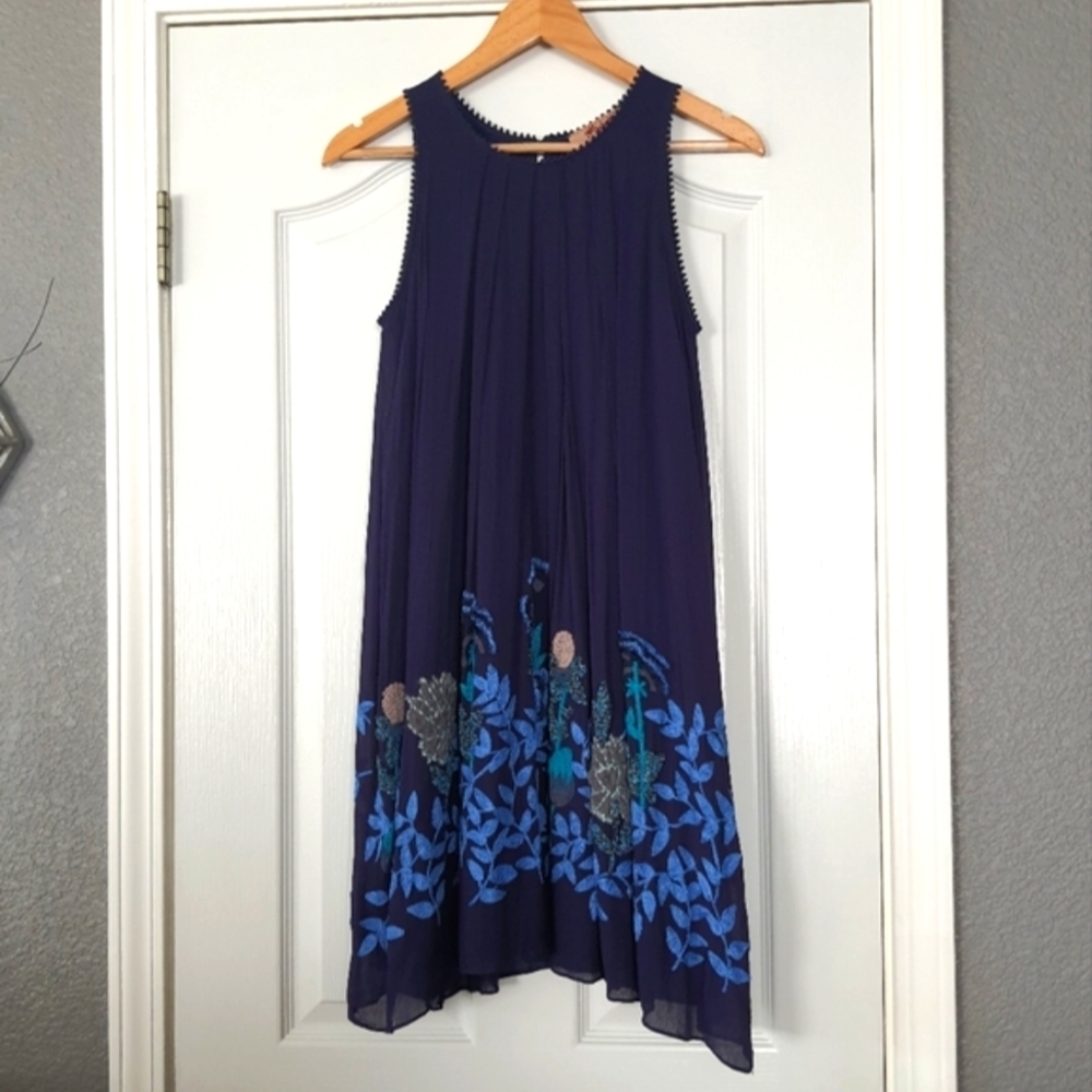 Anthropologie Floral Beaded Babydoll Dress Navy Blue Embroidered